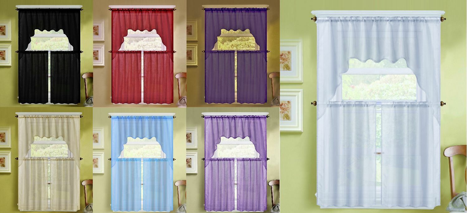 3pc Voile Sheer Kitchen Window Curtain Treatment 2 Tiers And 1 Swag Valance K66