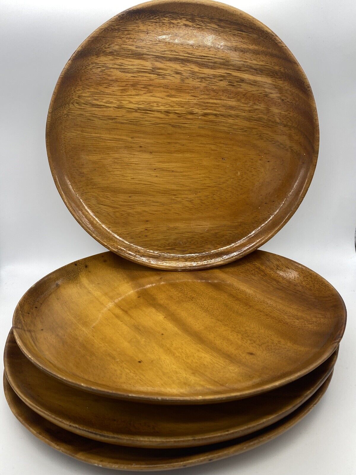 Vintage Handcrafted 10” Monkey Pod Wood 10” Round Plates Waikiki Woods Set Of 4