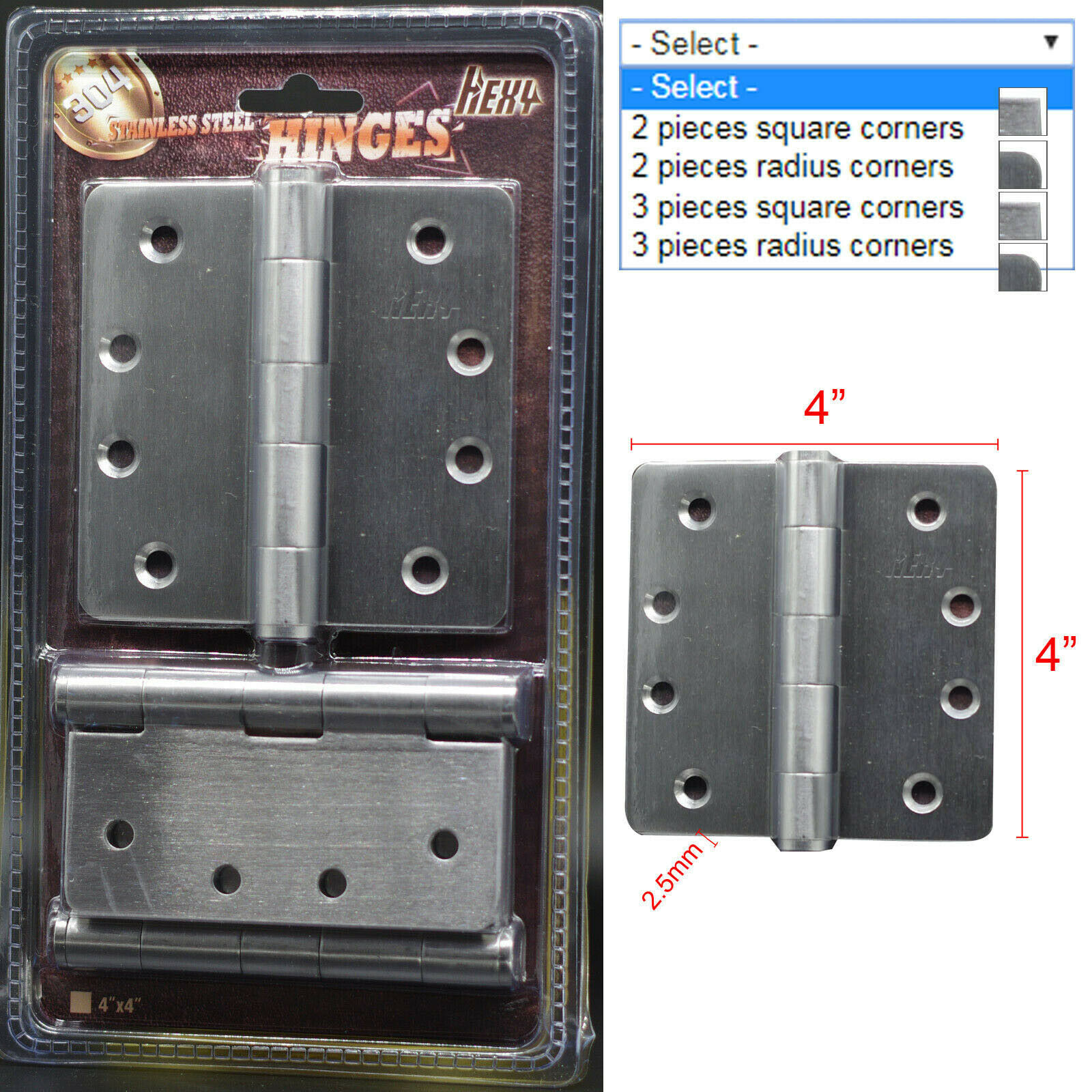 2 Pieces 3 Pieces 304 Stainless Steel Heavy Duty Door Hinges 4"x4" X2.5mm