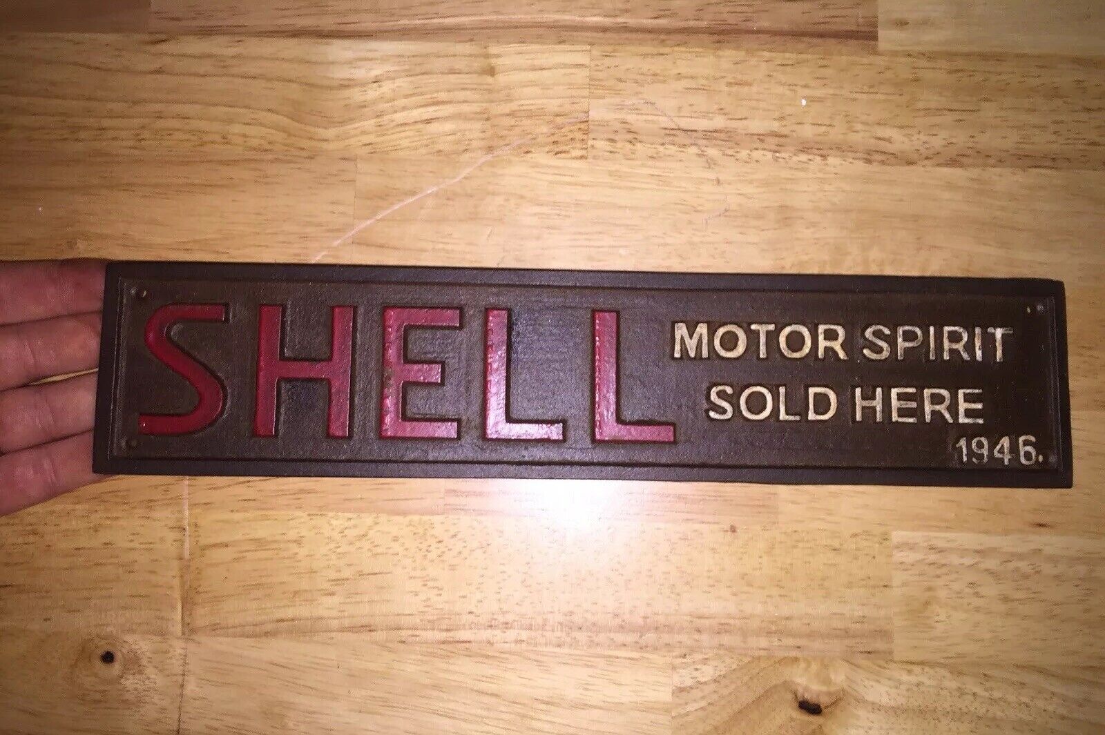 Shell Motor Spirit Oil Solid Metal Cast Iron Patina Plaque Sign 13+ Inches Coal