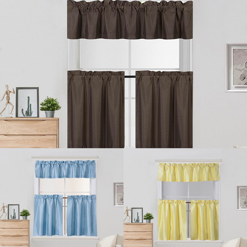 3pc Set Window Dressing Kitchen Curtain Solid Lined Blackout Drape Treatment K4