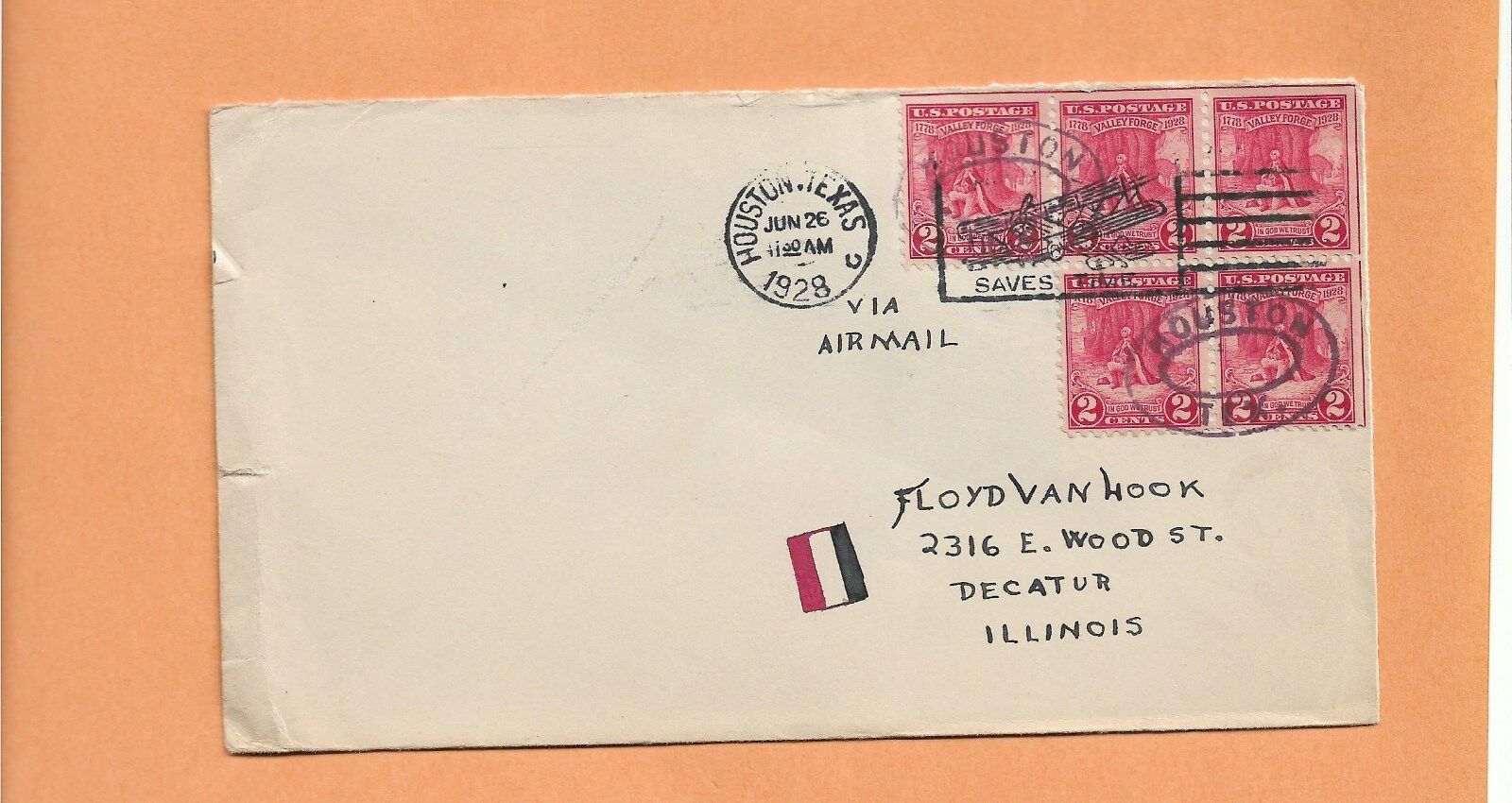 Vintage Envelope Jun 26,1928 Houston Texas        >