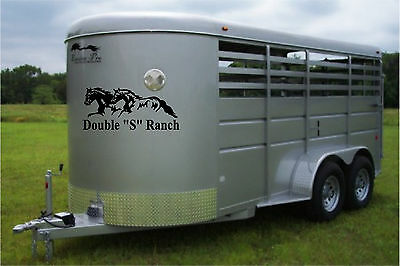 Your Custom Name & Running Horses Horse Trailer Truck Decal Stickers 16x36 (2)