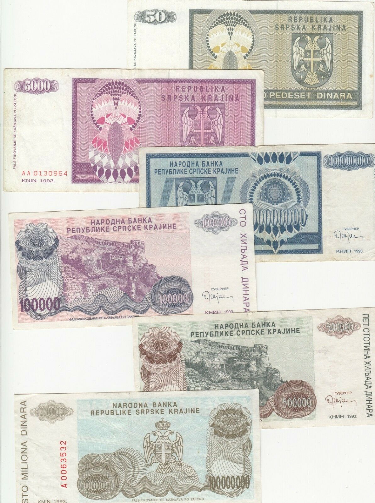 6 Banknote Paper Money Republic Of Serbian Krajina Dinar Dinars 1992 1993