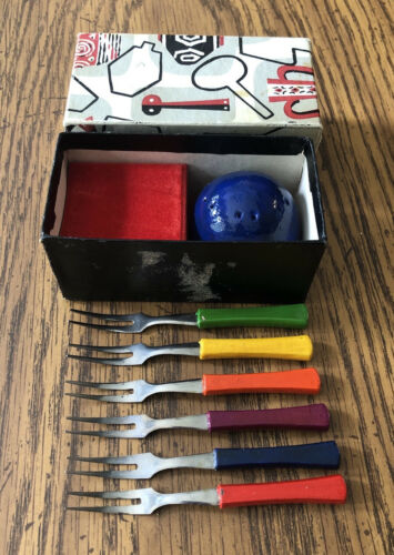 6 Colorful Vintage Rostfrei Cocktail Forks With Blue Dome Holder In Original Box