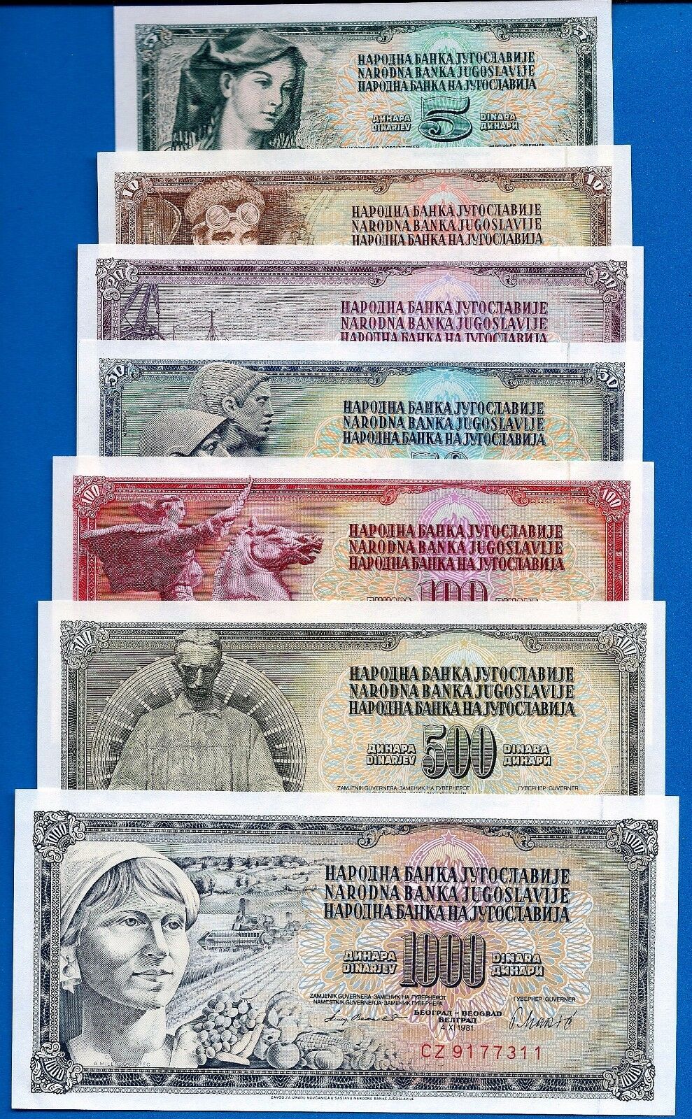 Yugoslavia 5,10,20,50,100,500,1000, Dinara Uncirculated Banknotes Set # 6