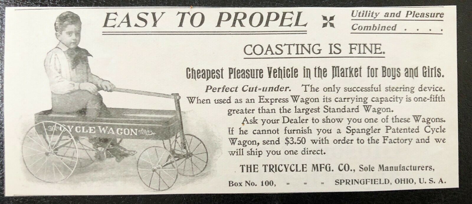Antique1897 Cycle Wagon Vtg Pedal Push Kid Toy Print Ad~tricycle Mfg Springfield