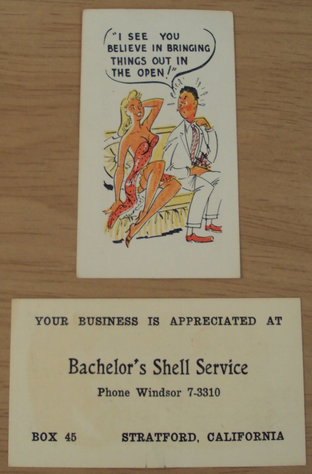 Risque 1940's Lot Ad/business Card~"bachelor's Shell Service"~stratford Ca~gas~
