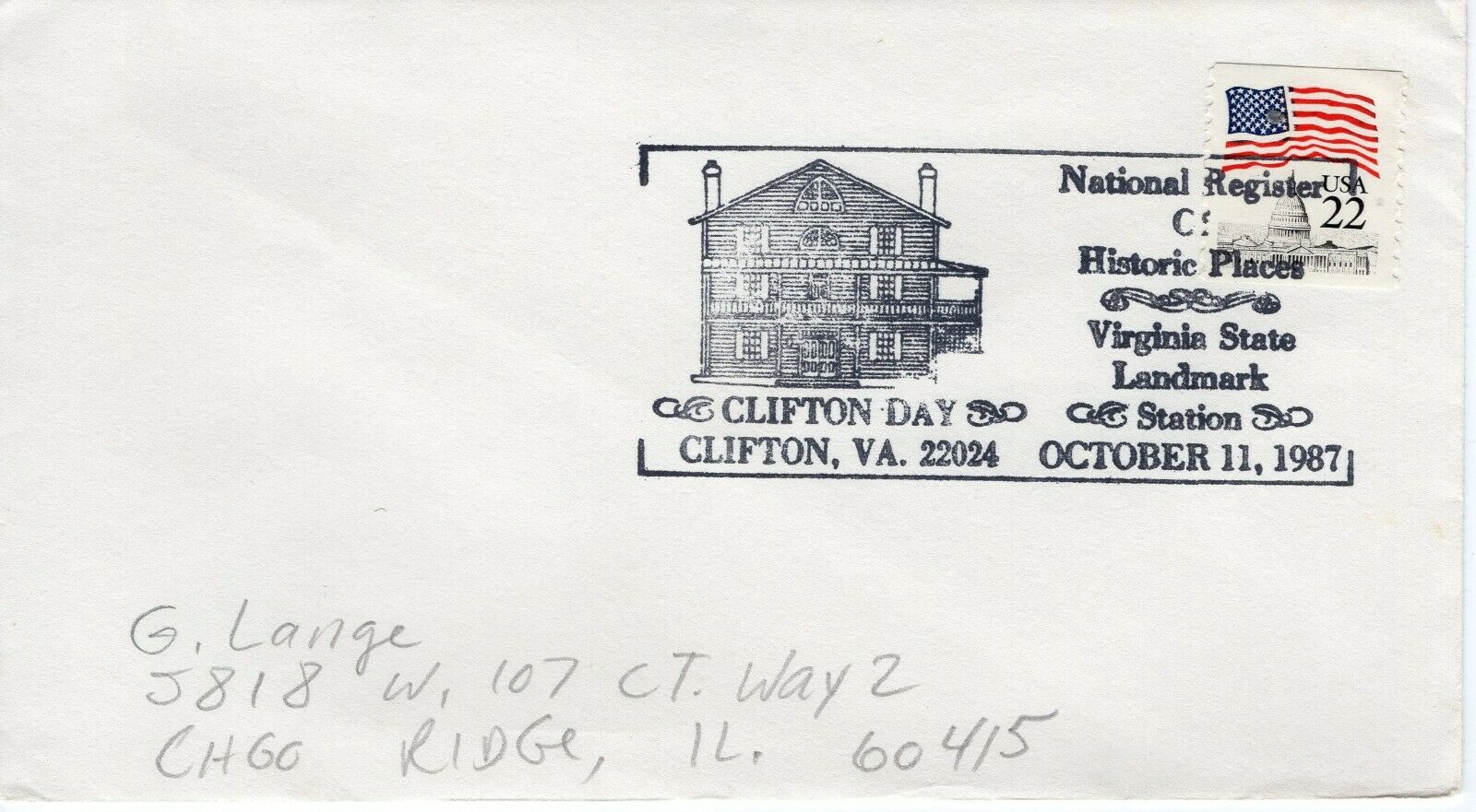 Clifton Day, Virginia State Landmark, Clifton, Va 1987 Fdc8704